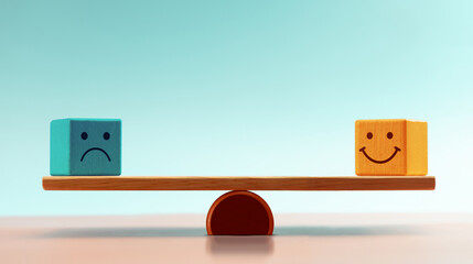 Balancing emotions shown with happy and sad blocks on a Balance Scale, symbolizing Mental health management and emotional control