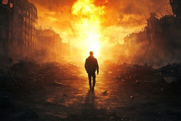 Man walking away from massive explosion in apocalyptic cityscape, dramatic cinematic moment filled with destruction and fiery intensity