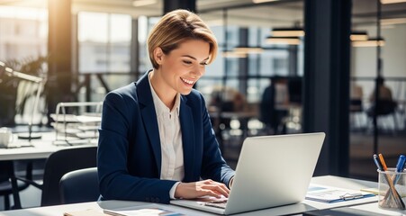 Smiling businesswoman working on laptop in modern office