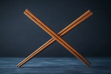 Wooden chopsticks making an x shape, resting on a dark surface, creating a simple yet elegant composition