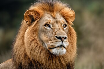 Obraz premium Majestic lion with golden mane staring into distance, symbol of strength, pride, and nobility in natural savanna setting