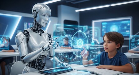 Futuristic classroom robot teacher assisting student with interactive hologram technology