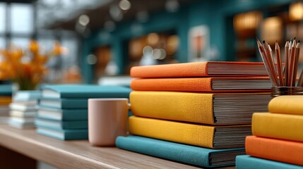 Stack of colorful books and pencils in bookstore