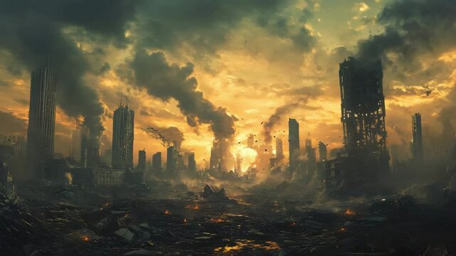 Post apocalypse city ruins with dark smoke, fiery destruction, and dramatic sunset evoking dystopia and eerie atmosphere of destruction