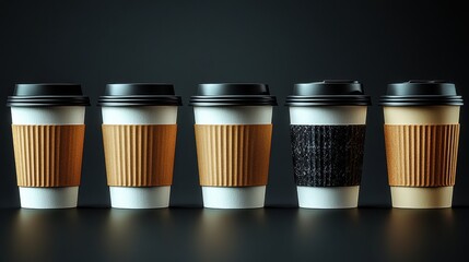 Five takeaway coffee cups in a row