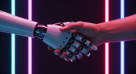 Human handshaking with a robotic hand neon lights background