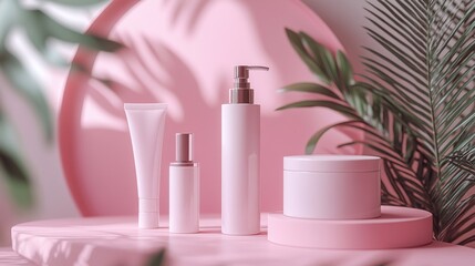 Pink beauty product mockup with tropical leaves