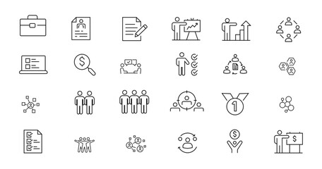 Set of teamwork related line icons. Together, partnership, cooperation etc. Editable stroke. 
