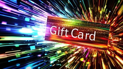 Colorful explosion with a gift card in the center, showcasing modern digital design and vibrant lights