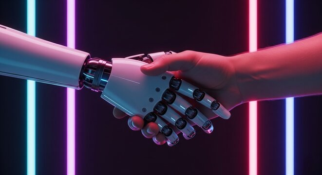 Human handshaking with a robotic hand neon lights background