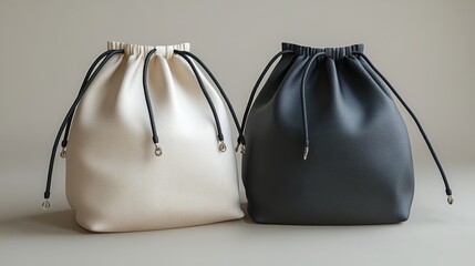 Two drawstring bags in cream and black leather