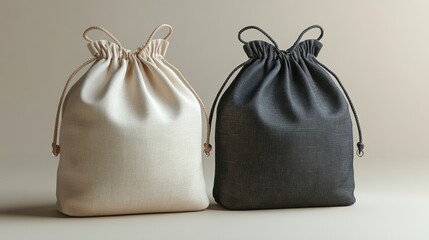 Two drawstring bags beige and black fabric pouches