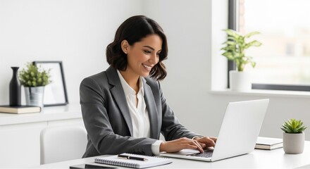 Smiling businesswoman working on laptop in modern office