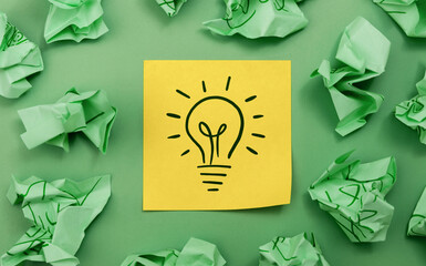 Idea, Innovation and Creativity Concept. a Light Bulb Handdrawn on Sticky Note, Brainstorm for New Business or New Product