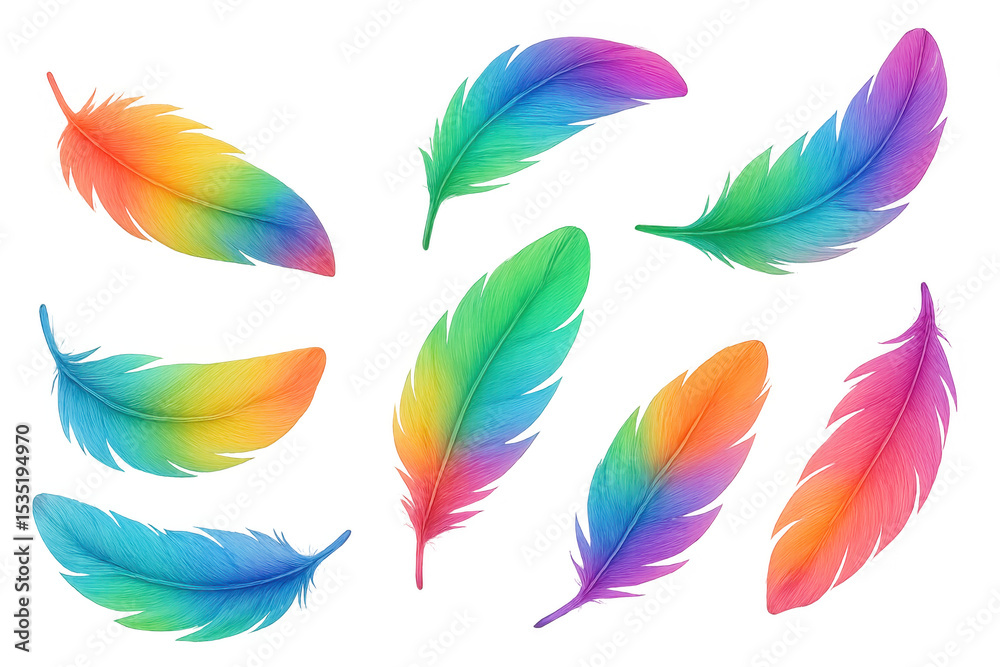 Poster colorful gradient feathers floating on a transparent background, creating a vibrant and artistic com