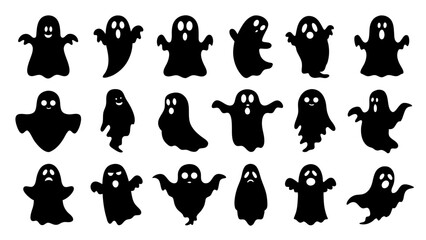 set of halloween ghosts silhouette vector on tranparent background