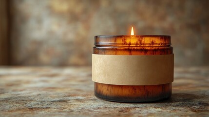 Lit amber glass candle with kraft paper label