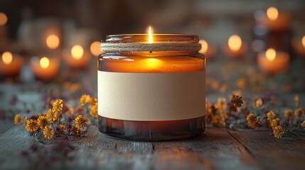 Amber glass candle with blank label and flowers