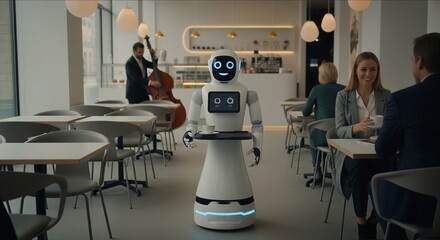 Friendly robot serving coffee to a customer in a modern cafe