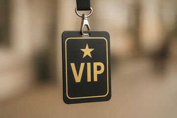 Black luxury VIP pass on a lanyard with golden star and text. Exclusive access and premium service concept. Entrance for special event.