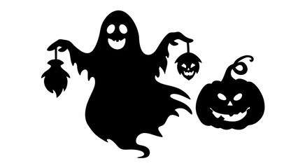 Silhouette of halloween ghost holding a jack-o-lantern pumpkin