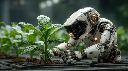 Futuristic robot tending to young plants in a greenhouse