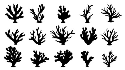 Seaweed silhouettes, coral black icon. Abstract organic shape, underwater plant, matisse element, cute sea doodle.