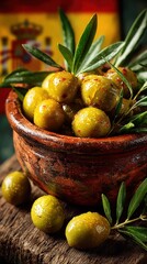 Spicy marinated green olives in a clay bowl