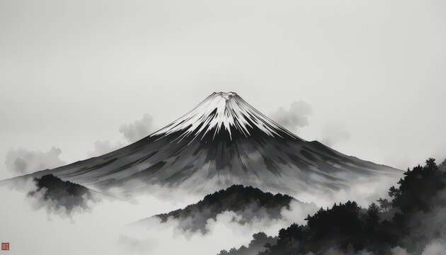  Sumi e Fuji Black and white ink wash, Mt. Fuji, subtle gray tones, atmospheric perspective, traditional art