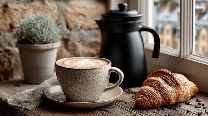 Cozy morning coffee with croissant and plant