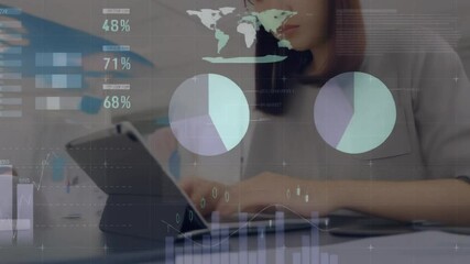 A close-up of a businesswoman using a tablet and keyboard in a modern office, overlaid with virtual charts, graphs, and analytics data. Ideal for finance, data analysis, technology, and business theme - Powered by Adobe