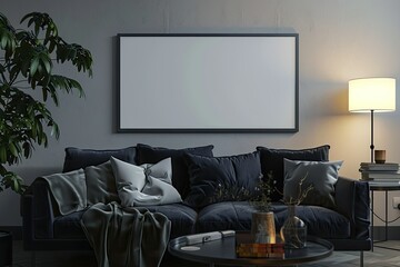 Detailed Color Picture of Interior Living Room with Dark Sofa Rendering