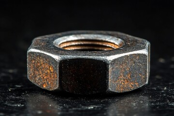 Close-up of a rusty hex nut resting on a dark surface against a black background, showcasing its worn texture and industrial aesthetic
