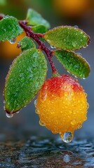 Dew covered cranberry with vibrant green leaves