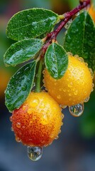 Dew kissed citrus fruits on a branch