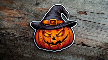 Spooky Halloween pumpkin sticker with witch hat on rustic wood.