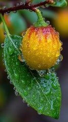 Dew covered fruit on a lush green leaf