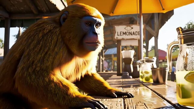 funny nosed monkey - A curious monkey sitting at a wooden table in a vibrant outdoor lemonade stand, observing refreshing drinks and lively summer activities