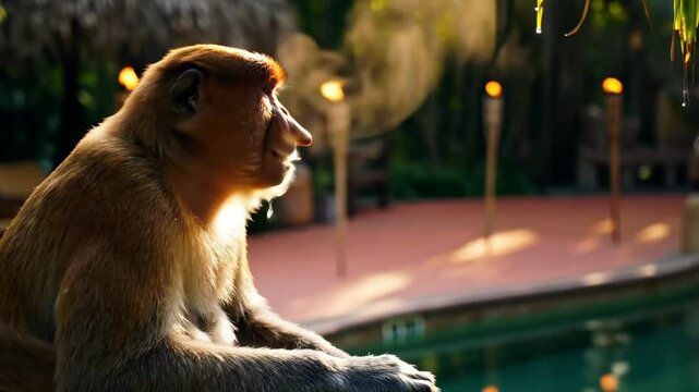 funny nosed monkey - A serene monkey sitting by a tranquil poolside as sunlight filters through the trees, creating a peaceful ambiance in a tropical setting