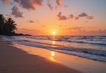  Tranquil Tropical Beach Sunset Warm Orange Hues and Calm Waves Lapping the Shoreline
