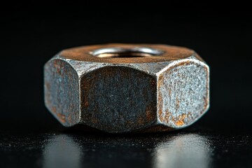 Close-up of a rusty hex nut resting on a dark, reflective surface, showcasing its worn texture and metallic sheen