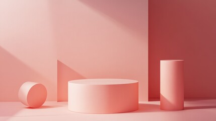 Three soft pink geometric display stands against a light pink backdrop.