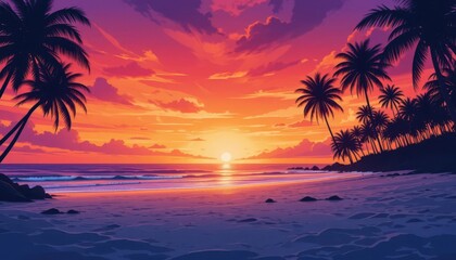  A vibrant tropical beach sunset with silhouetted palm trees against a fiery orange and purple sky in a clean digital art style.