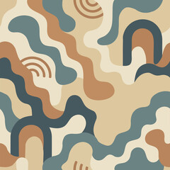 Seamless abstract geometric pattern with flowing shapes and arches in earthy tones of terracotta, beige, and blue. Perfect for modern backgrounds and textile designs.