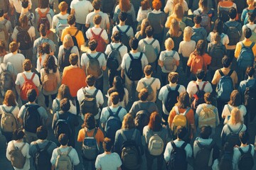Students walking with backpacks in a large crowd, seen from an elevated perspective