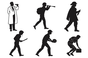 Silhouetted figures of various professions and activities against a white background
