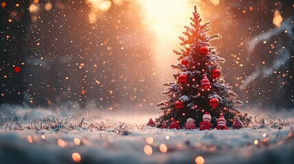 Naklejka premium Christmas tree decorated with red balls and knitted toys in forest in snowdrifts in snowfall