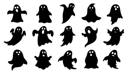 set of halloween ghosts silhouette vector on tranparent background