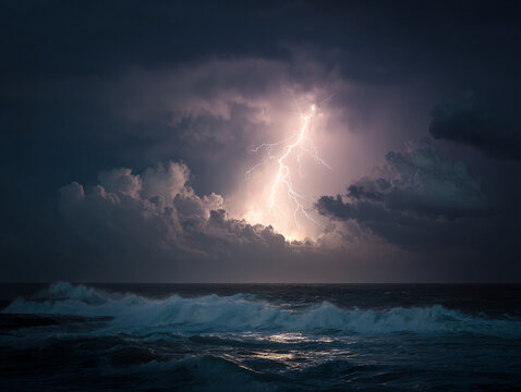 A dramatic lightning storm over the ocean, giant waves crashing, dark moody sky