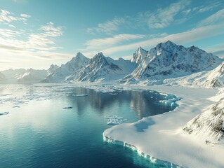 Fototapeta premium Antarctica ocean bay aerial landscape in sunny day, melting ice floe on water surface, snow covered mountains
